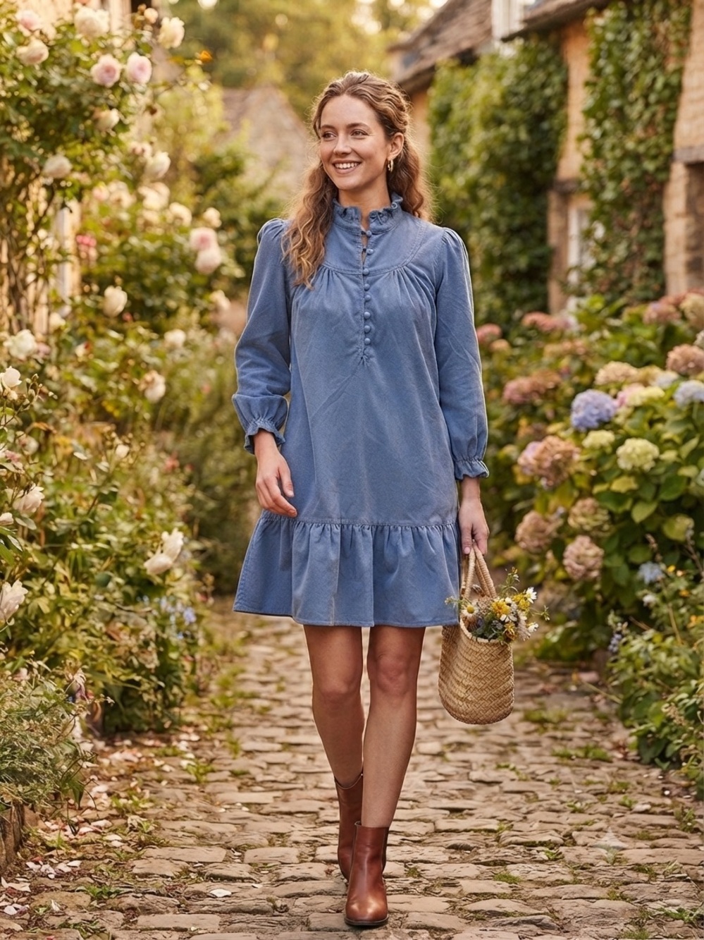 Umgee | Blue Corduroy Ruffle-Hem Mini Dress | Sz S